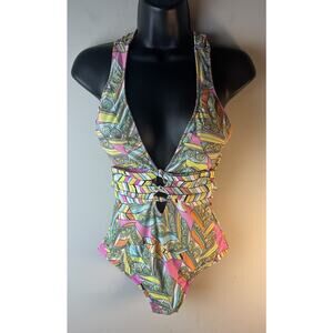 TRINA TURK Halter Plunge One Piece Swimsuit Colorful 6